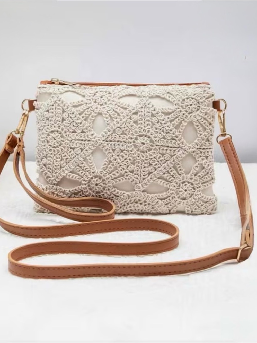 Beige Crochet Lace Crossbody Bag with Detachable Strap - Picture 2 of 2